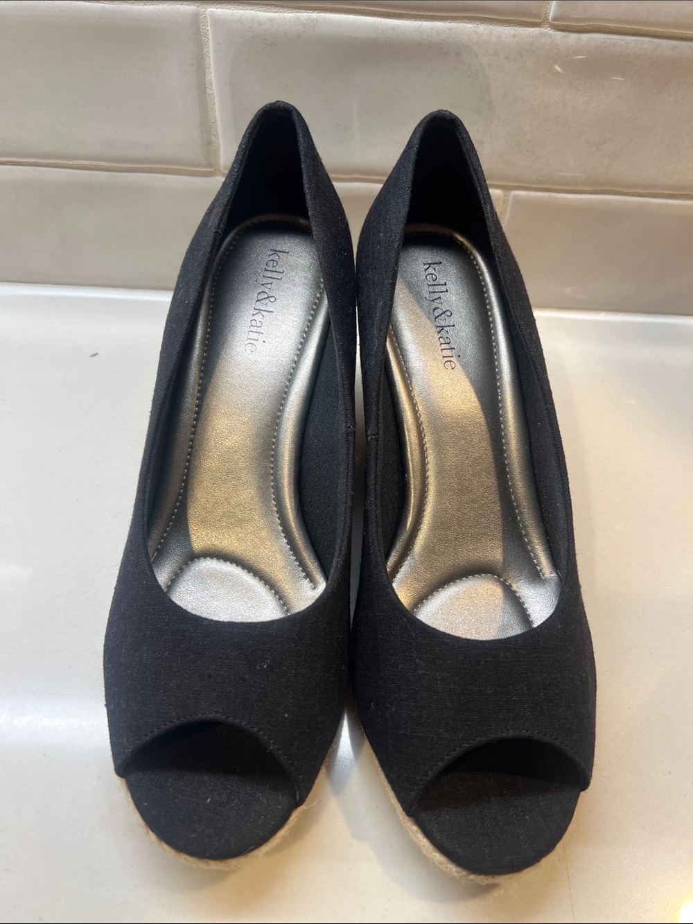 Black Peep-Toe Cork Wedge Heels - Picture 5 of 8